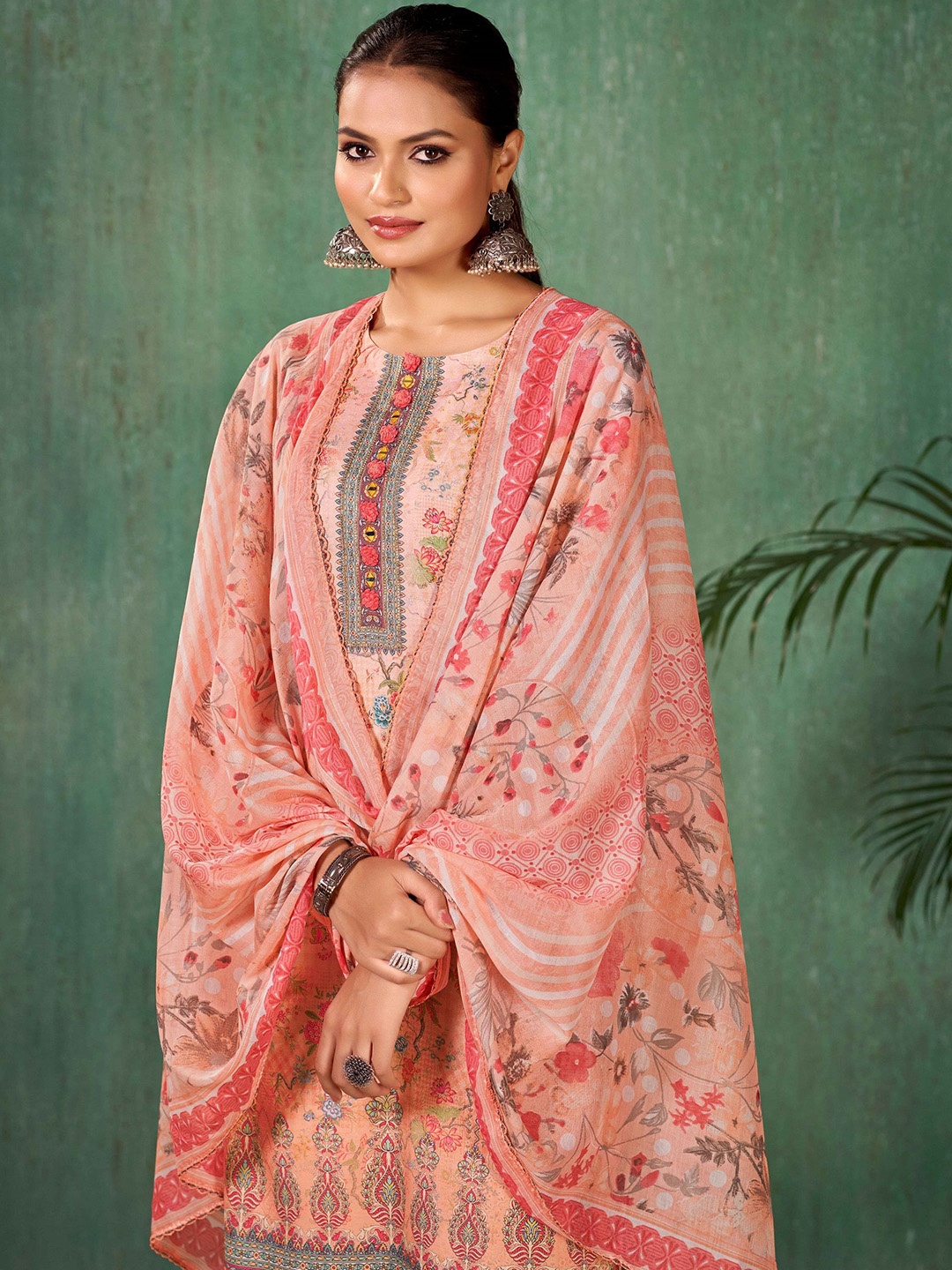 

Anouk Peach-Coloured Floral Printed Pure Cotton Straight Kurta with Trouser & Dupatta