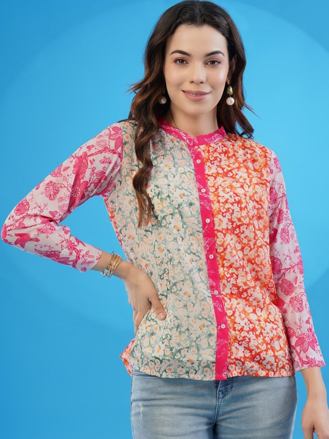 

KALINI Floral Printed Georgette Mandarin Collar Long Sleeves Shirt Style Top, Pink