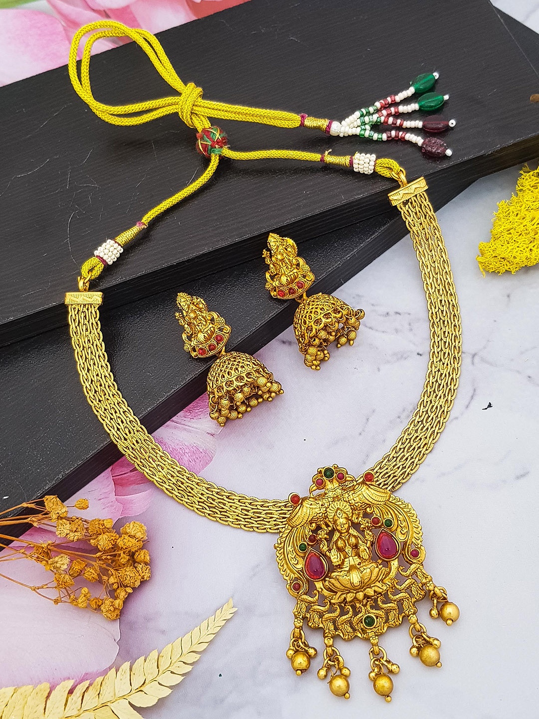 

GRIIHAM Gold-Plated American Diamond Stone-Studded Lakshmi Goddess Antique Jewellery Set