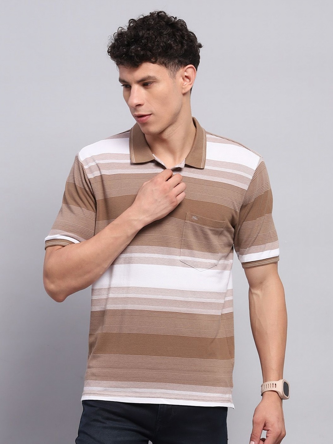 

Monte Carlo Men Striped Polo Collar Cotton T-shirt, Khaki