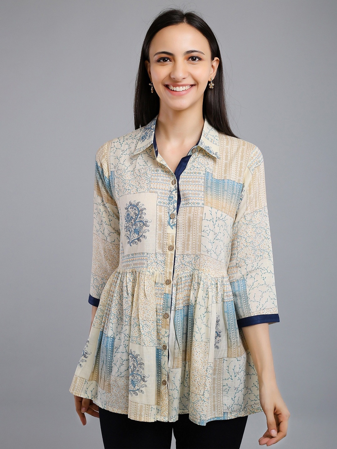 

VAPPSYAM Shirt Collar Printed Tunic, Blue