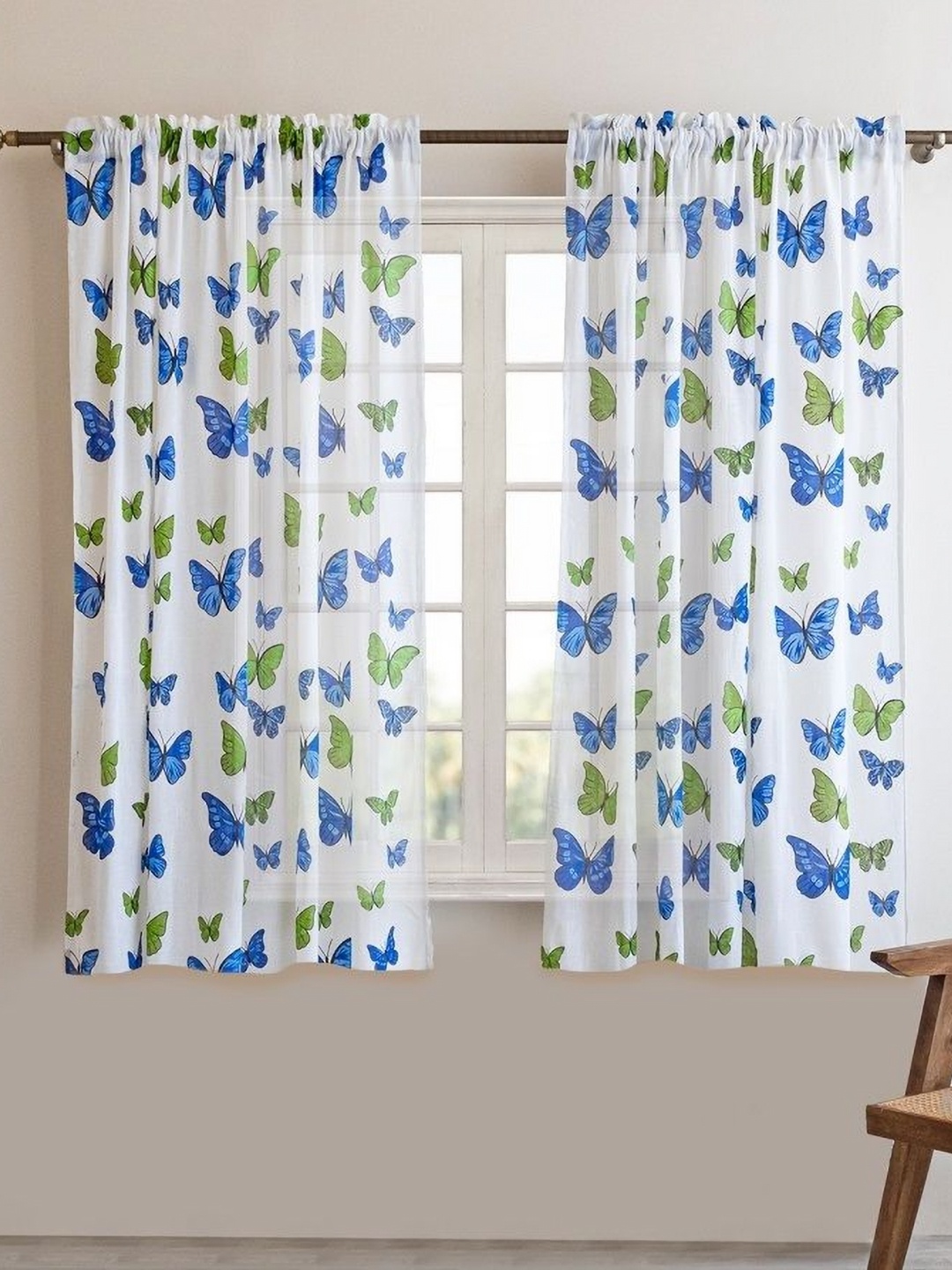

HOMEMONDE White & Blue 2 Pieces Quirky Printed Cotton Sheer Window Curtains