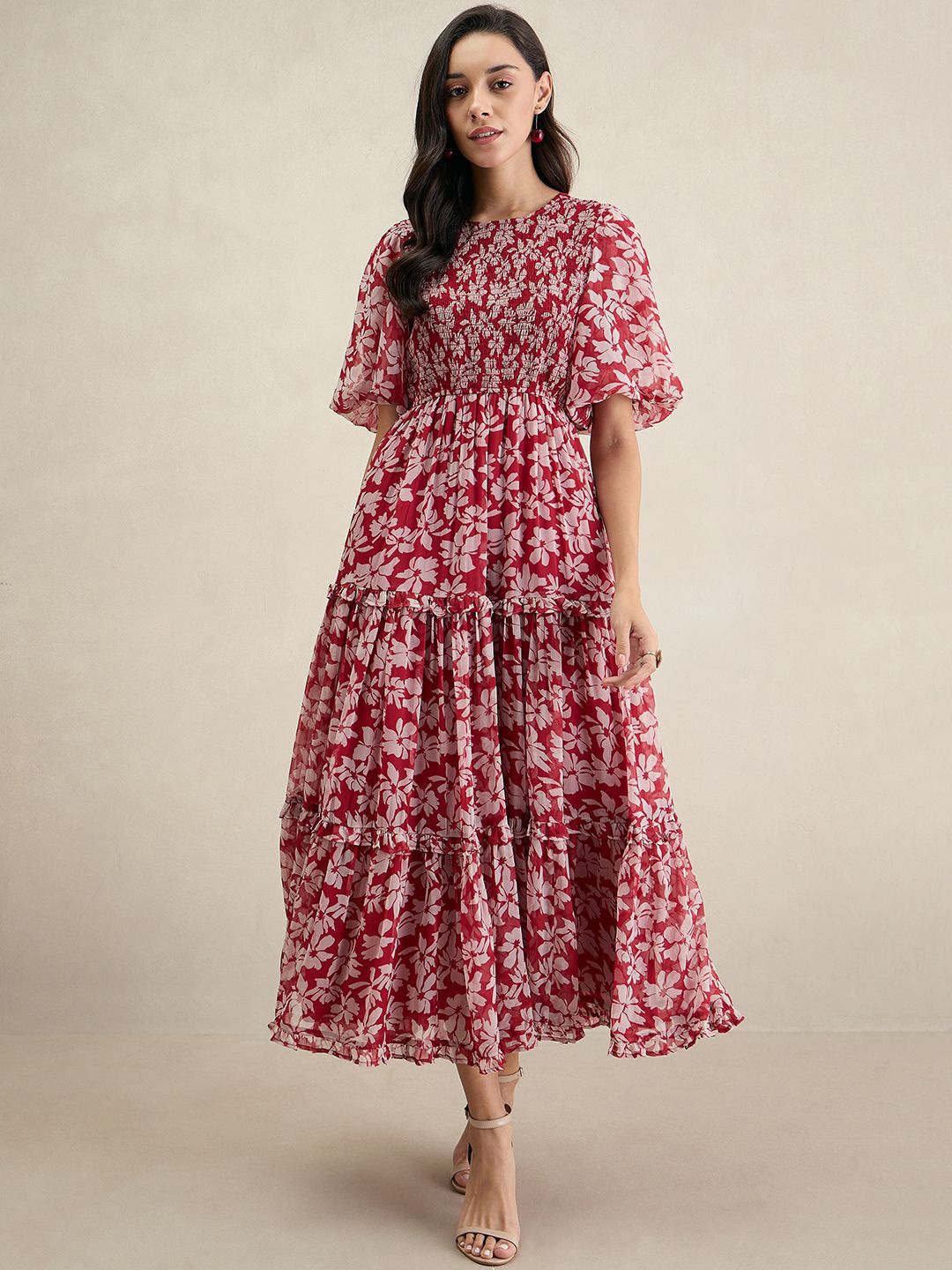 

FEMMELLA Floral Printed Smocked Flared Sleeve Fit and Flare Midi Dress, Red