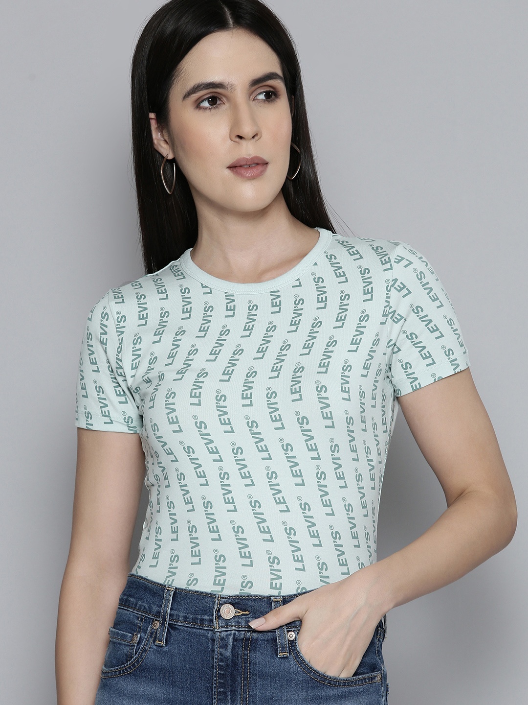 

Levis Women Brand Logo Printed Slim Fit T-shirt, Green