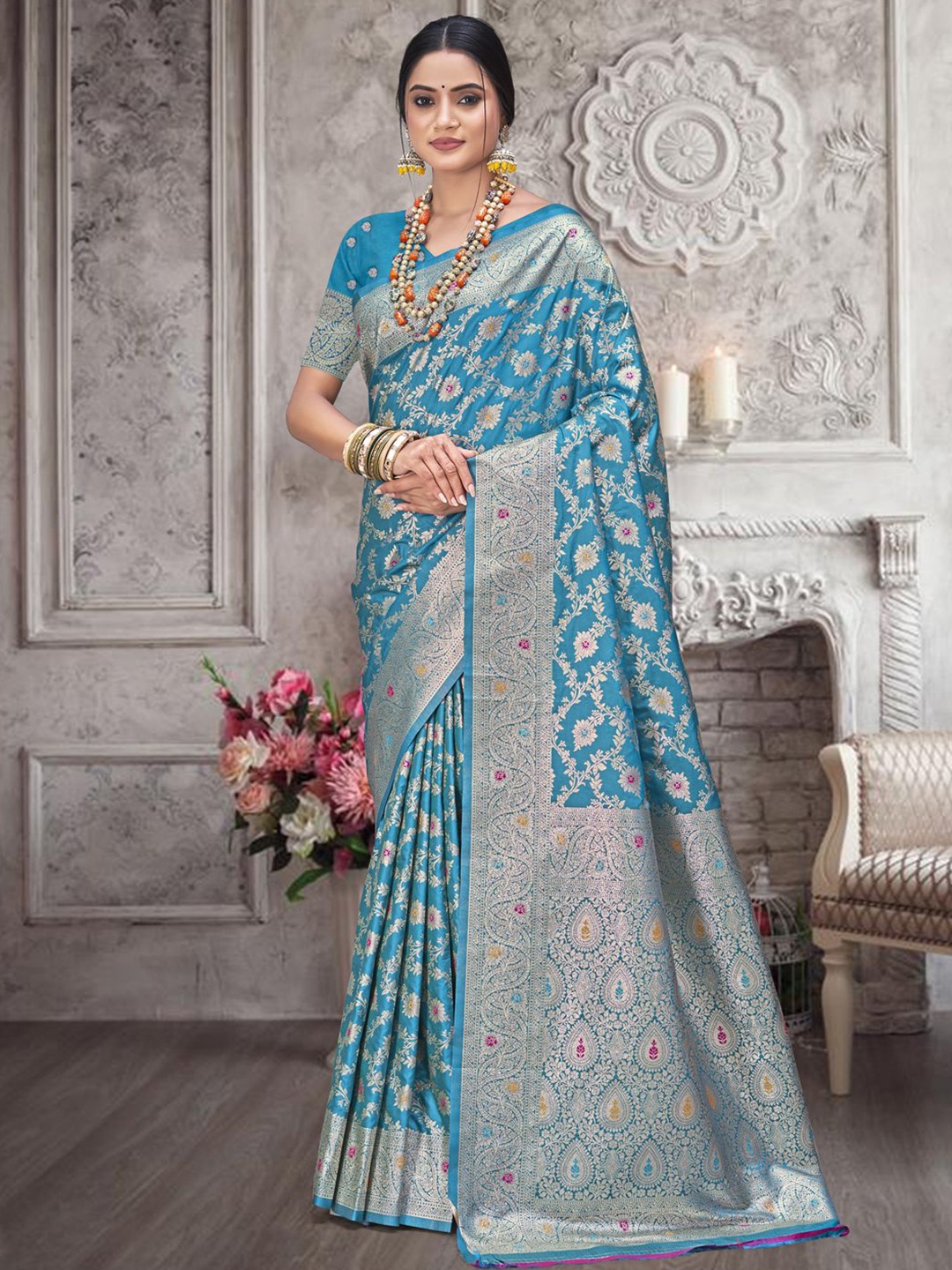 

Ishin Woven Design Zari Silk Blend Saree, Blue