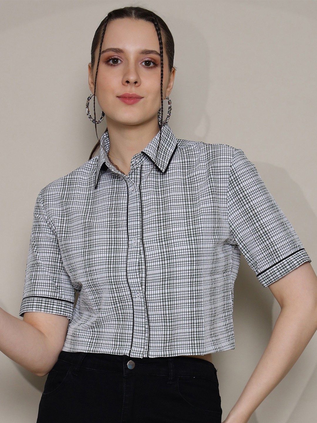 

DressBerry Women Classic Spread Collar Micro Checked Casual Shirt, Blue