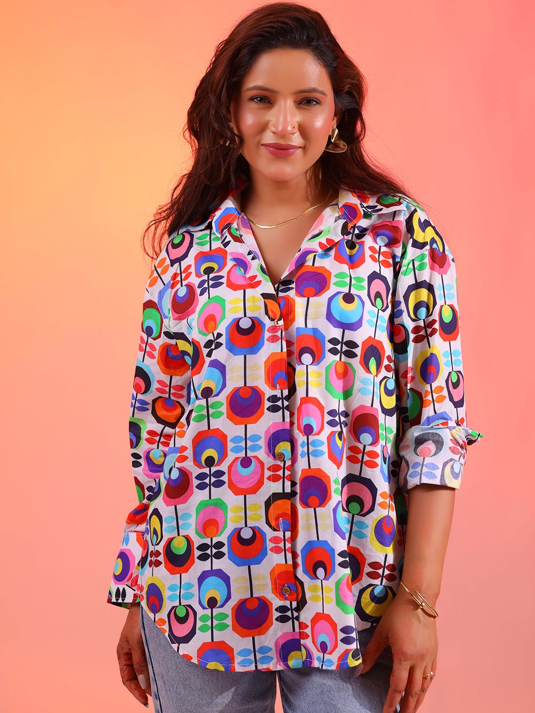 

DALCHINII Women Relaxed Spread Collar Abstract Printed Cotton Oversized Casual Shirt, White
