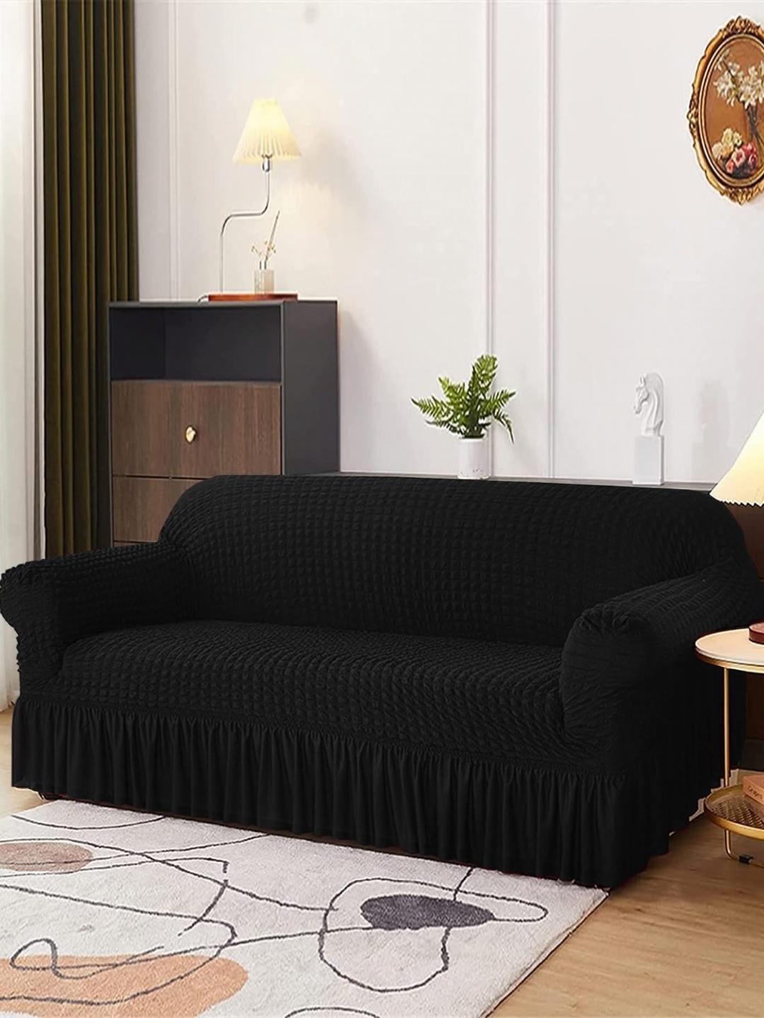 

Lukzer Charcoal Black Self Design 1 Seater Sofa Cover With Arms