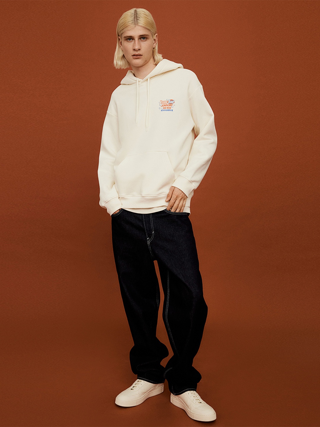 

H&M Men Loose Fit Printed Hoodie, Beige