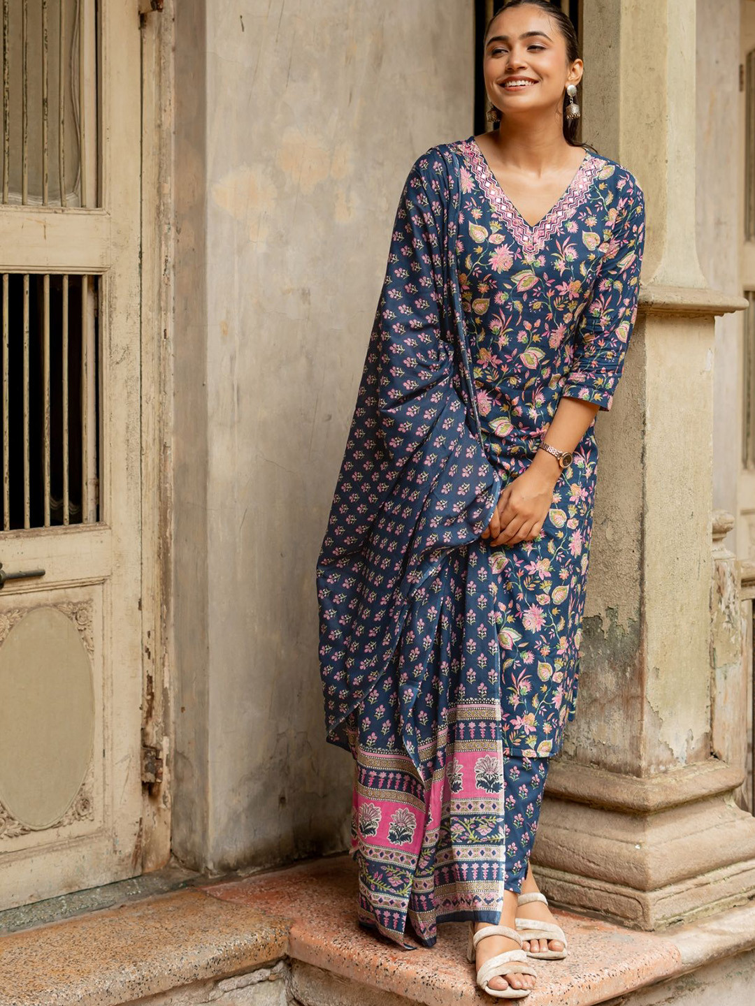 

KALINI Floral Printed Straight Mirror Work Pure Cotton Kurta with Trousers & Dupatta, Navy blue