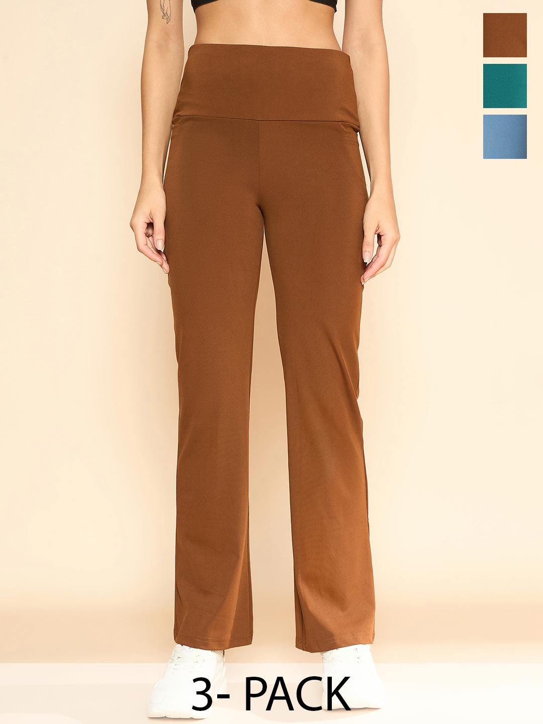 

COLOR CAPITAL Women Pack of 3 Antimicrobial Ankle-Length Fly Dry Flared Gym Tights, Brown