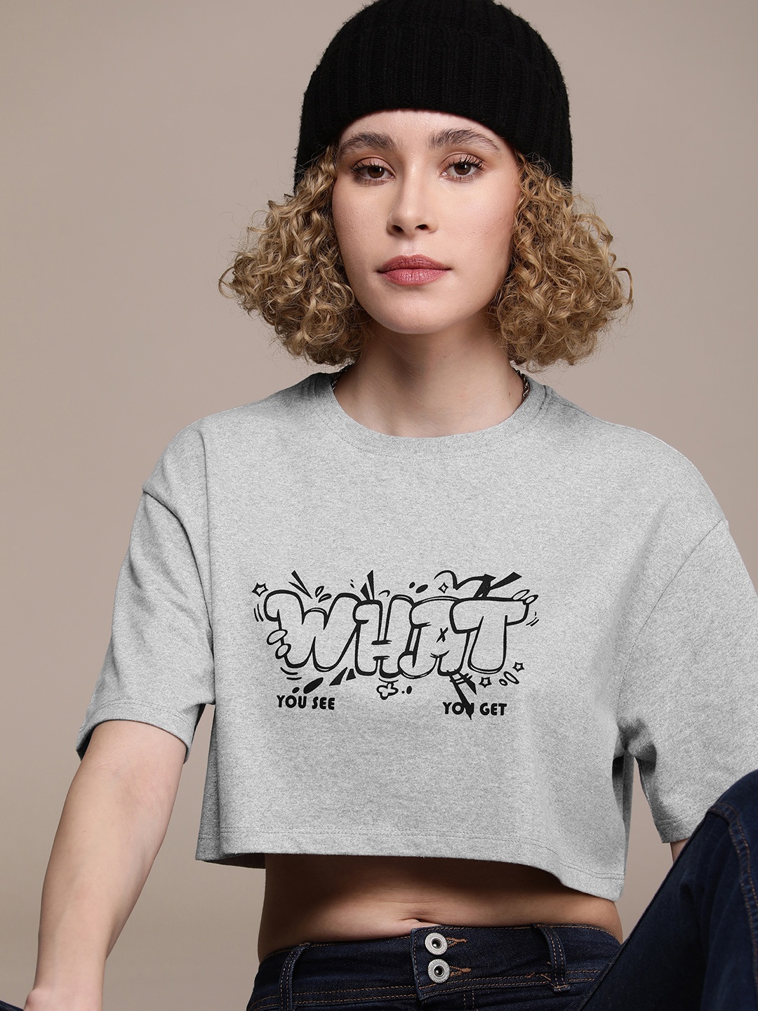 

The Roadster Lifestyle Co. Women Typography Printed Drop-Shoulder Sleeves Boxy T-shirt, Grey melange