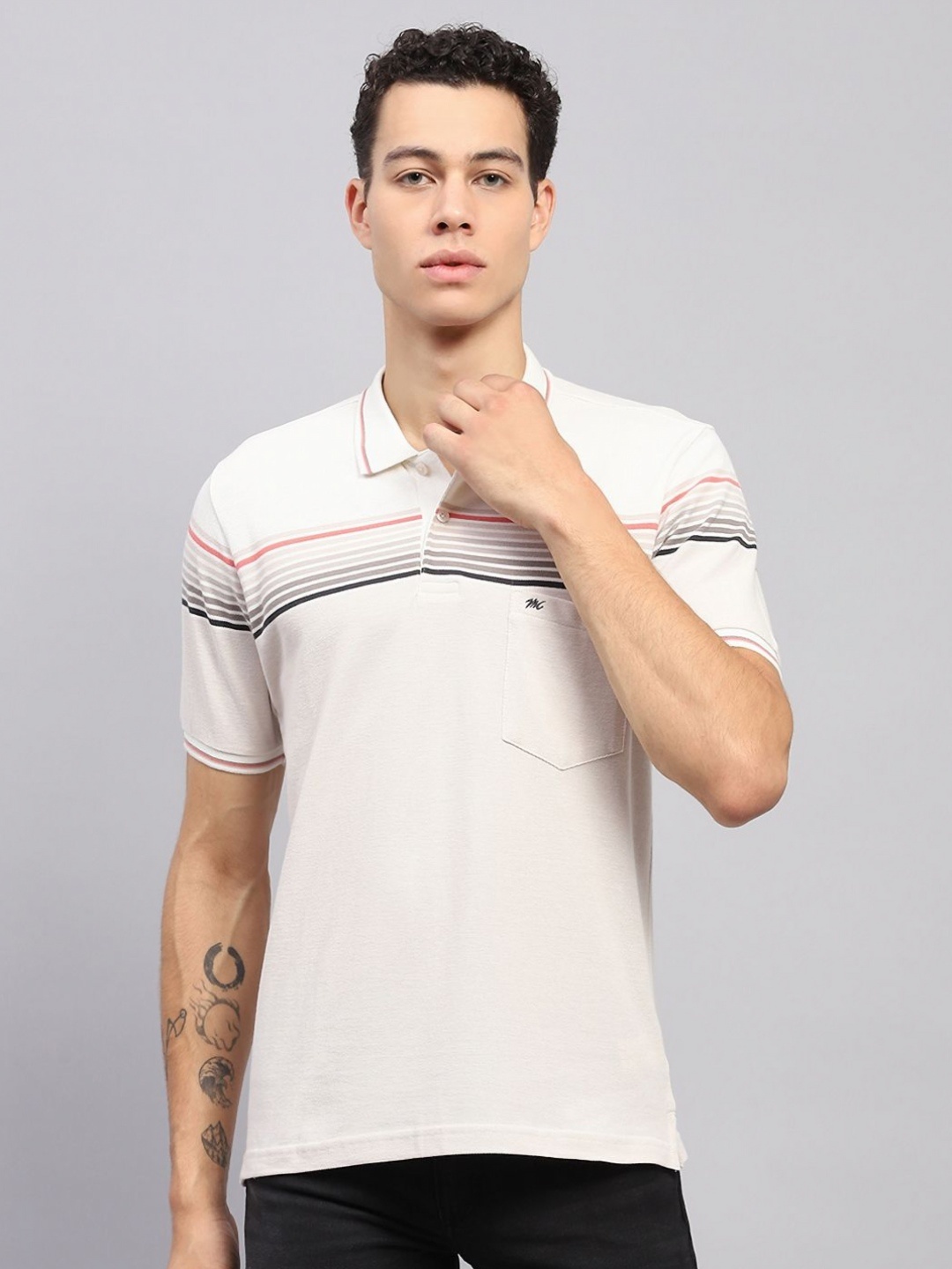 

Monte Carlo Men Striped Polo Collar Cotton T-shirt, White