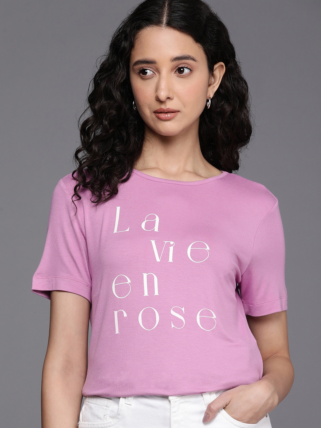 

DOROTHY PERKINS Women Typography Printed Longline T-shirt, Pink