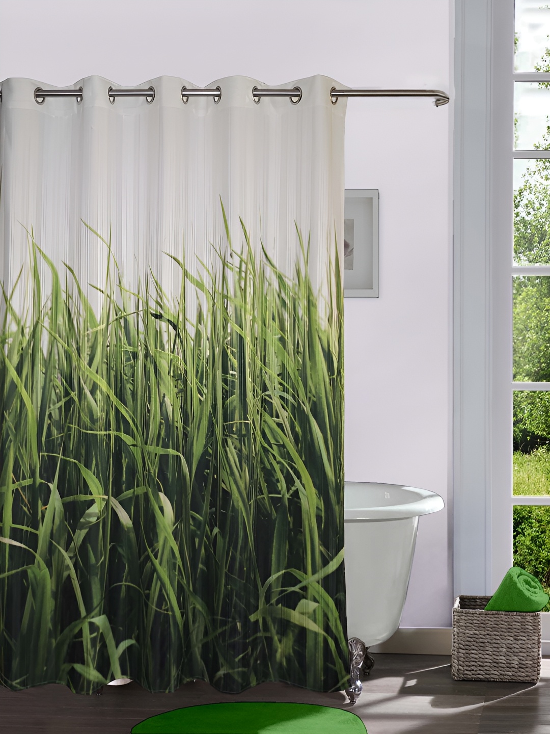 

Lushomes Green & White Grass Printed Shower Curtains