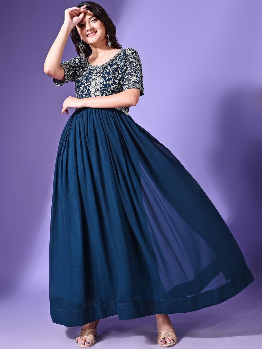 

KALINI Floral Embroidered Round Neck Gathered Georgette Fit & Flare Maxi Ethnic Dress, Turquoise blue