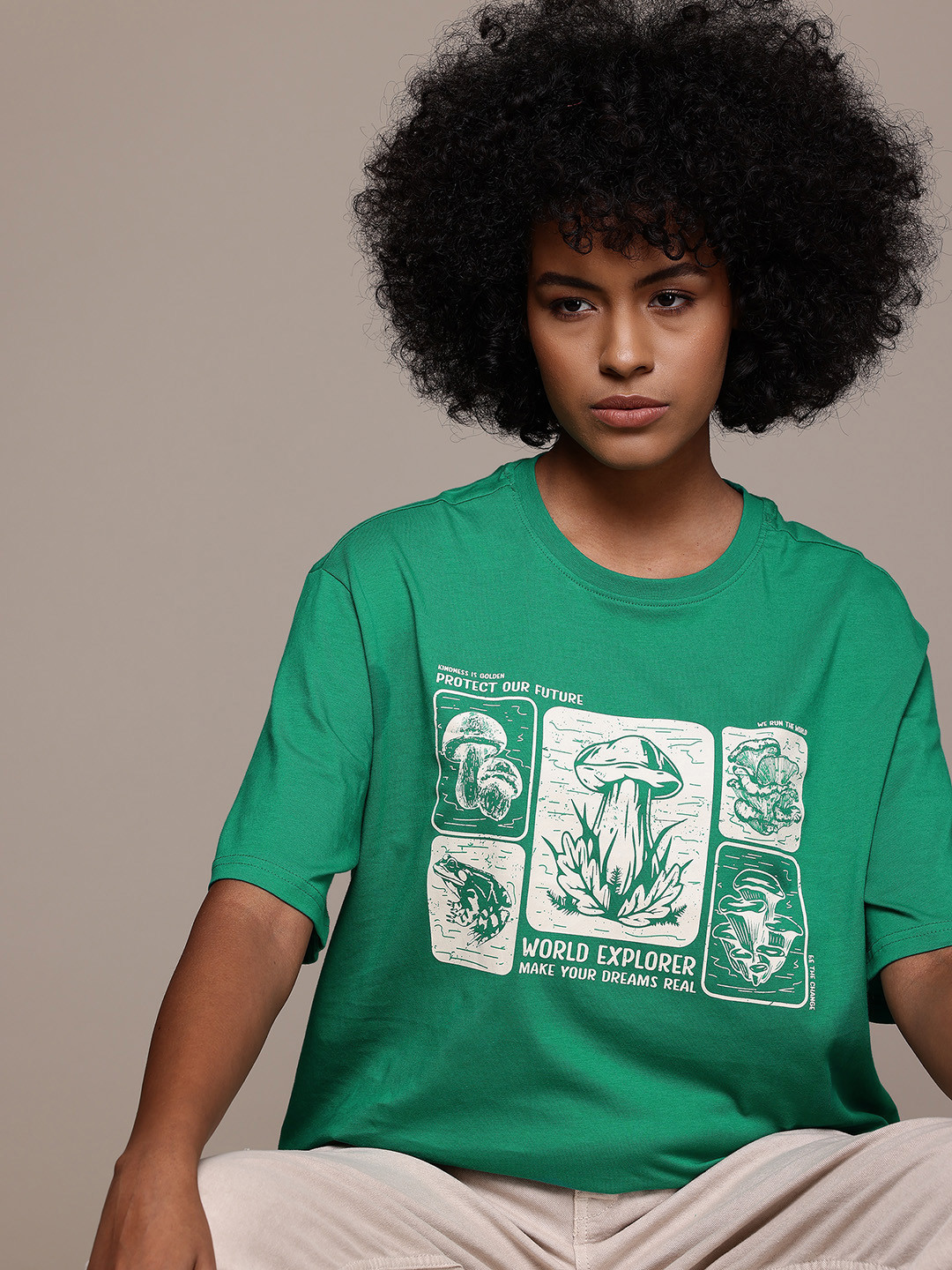 

The Roadster Lifestyle Co. Printed Drop-Shoulder Relaxed Fit Pure Cotton T-shirt, Green