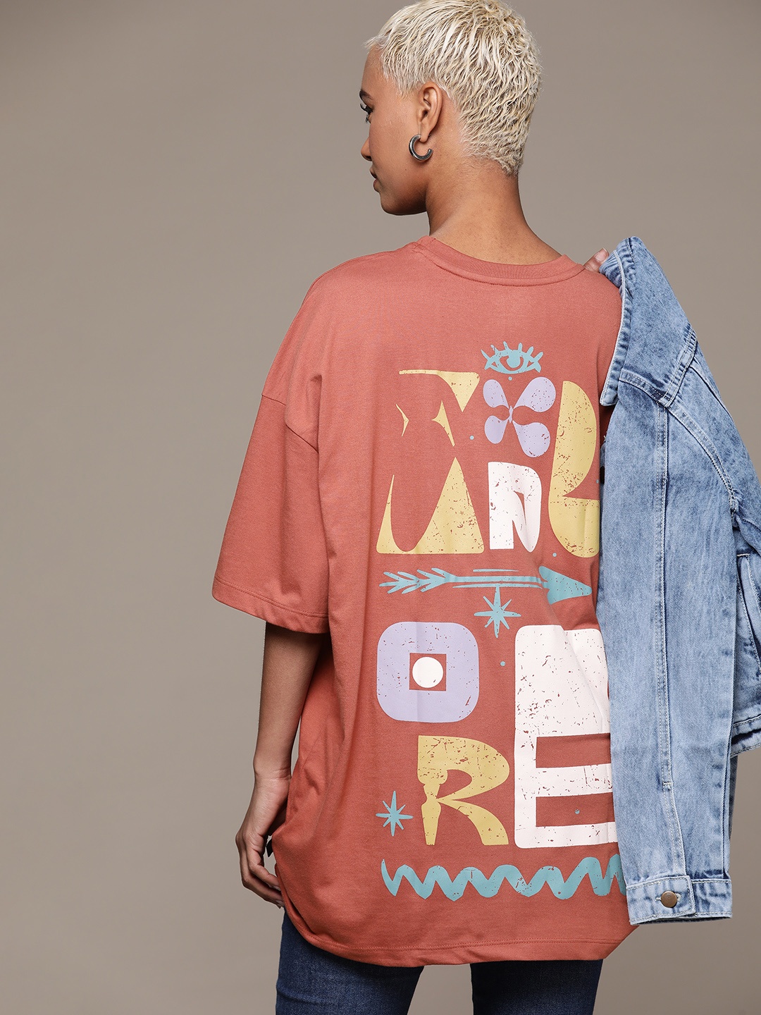 

The Roadster Lifestyle Co. Typography Printed Oversized T-shirt, Rust