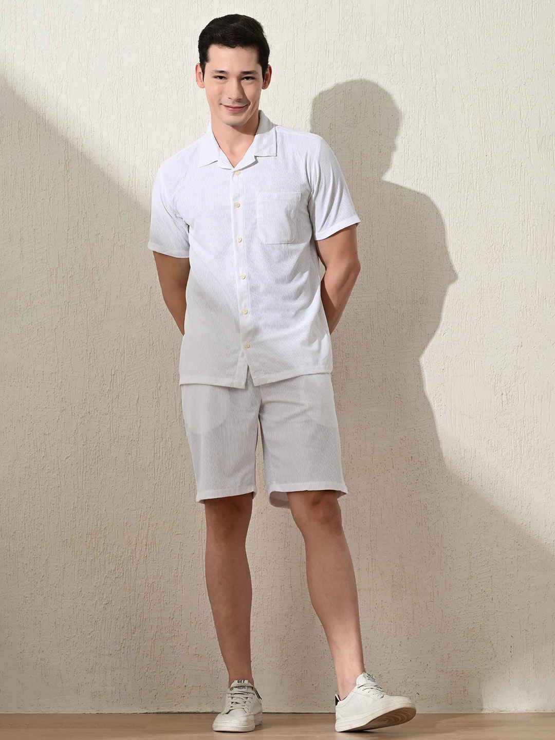 

STARFOX Cuban Collar Self Design Shirt With Shorts, White