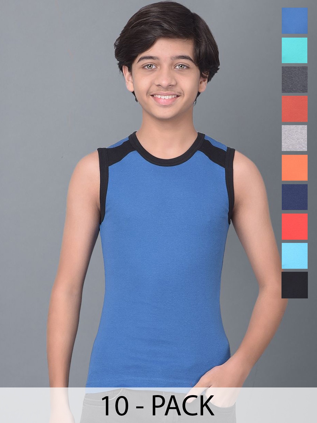 

Dollar Bigboss Boys Pack of 10 Assorted Cotton Gym Vest MBKB-05-BB05-PO10, Blue