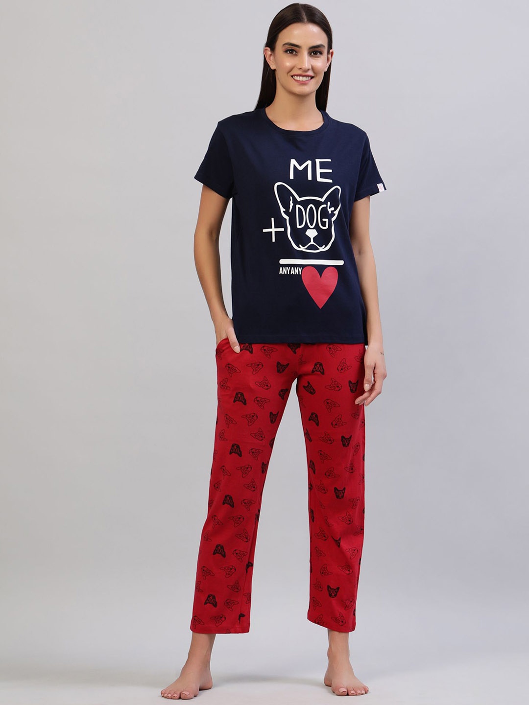 

evolove Women Typography Printed Night suit, Navy blue