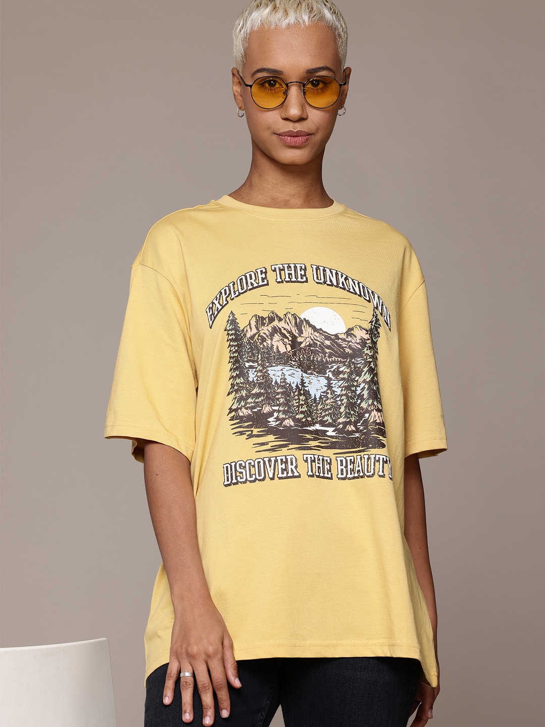 

The Roadster Lifestyle Co. Printed Oversized Pure Cotton T-shirt, Mustard