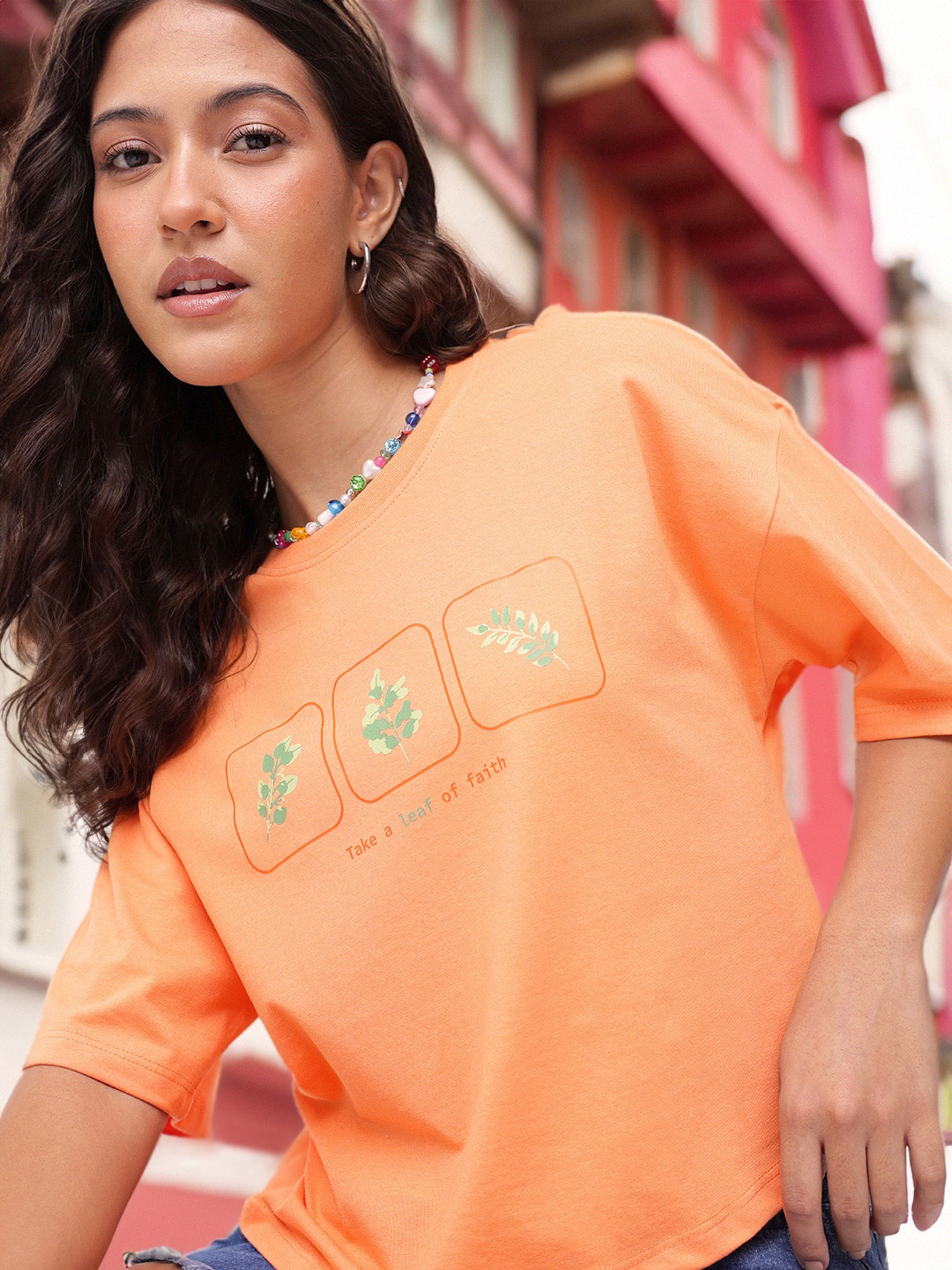 

DressBerry The Faith Flex Printed Boxy Crop T-shirt, Orange
