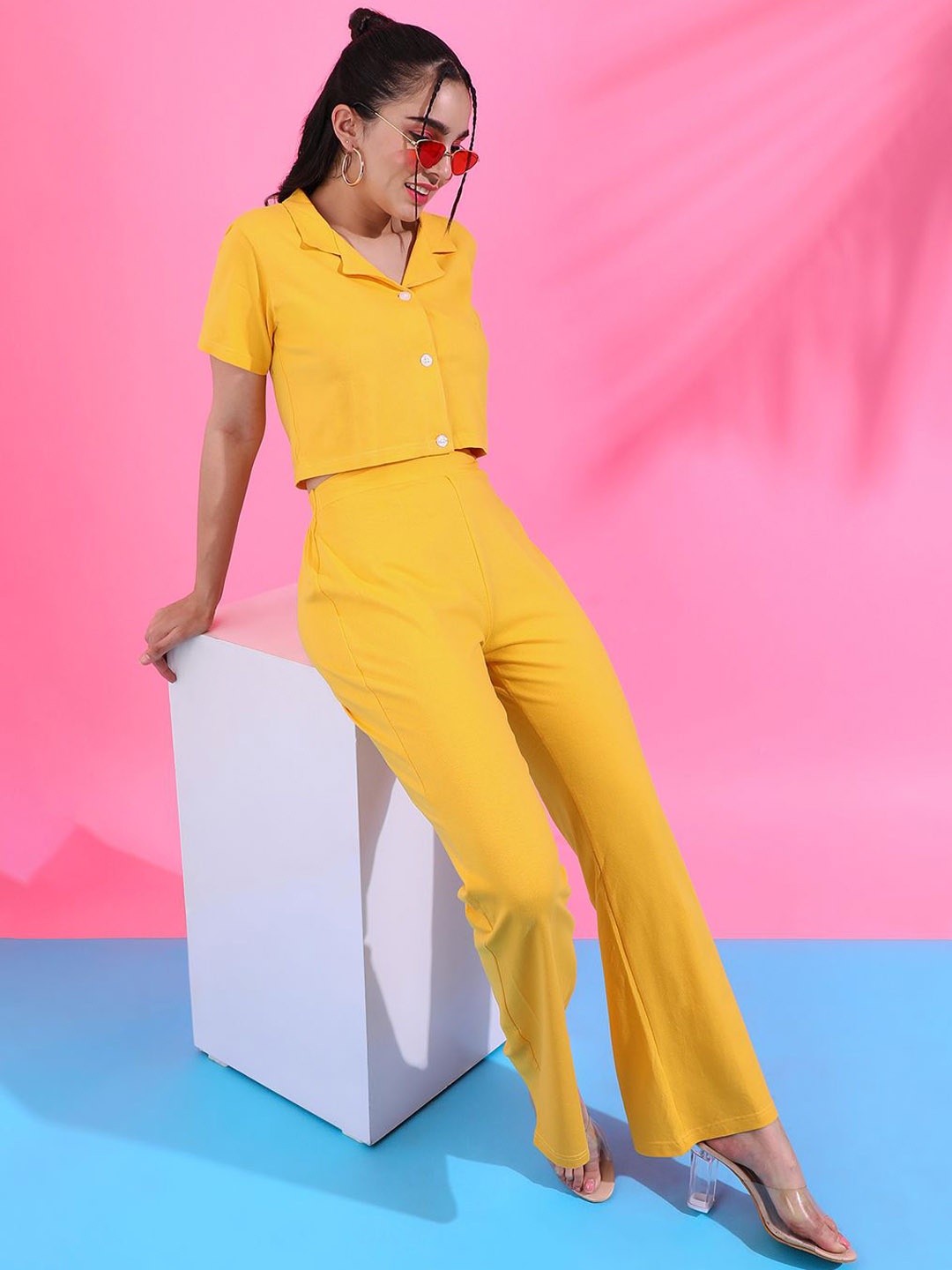 

PINACOLADA Lapel Collar Short Sleeves Shirt With Trouser, Yellow