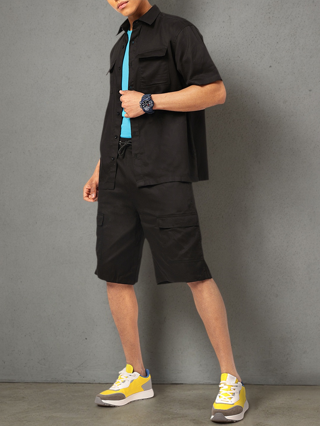 

Kook N Keech Street Smart Styles Shirt with Cargo Shorts Co-ords, Black