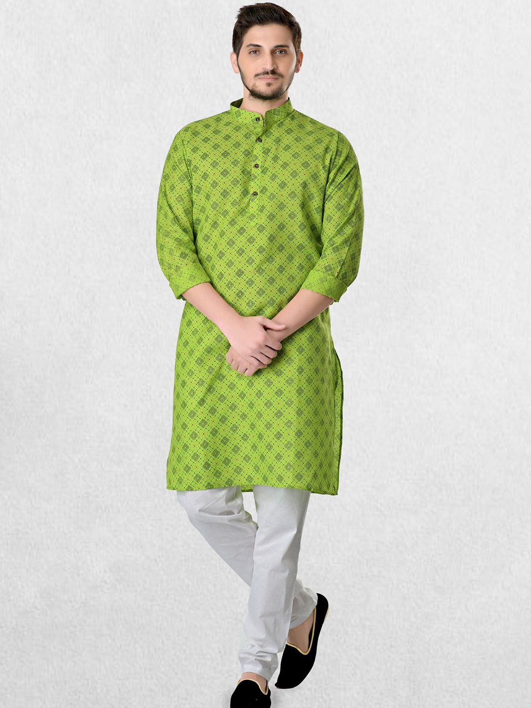 

ENCINO Geometric Printed Band Collar Cotton Kurta, Green