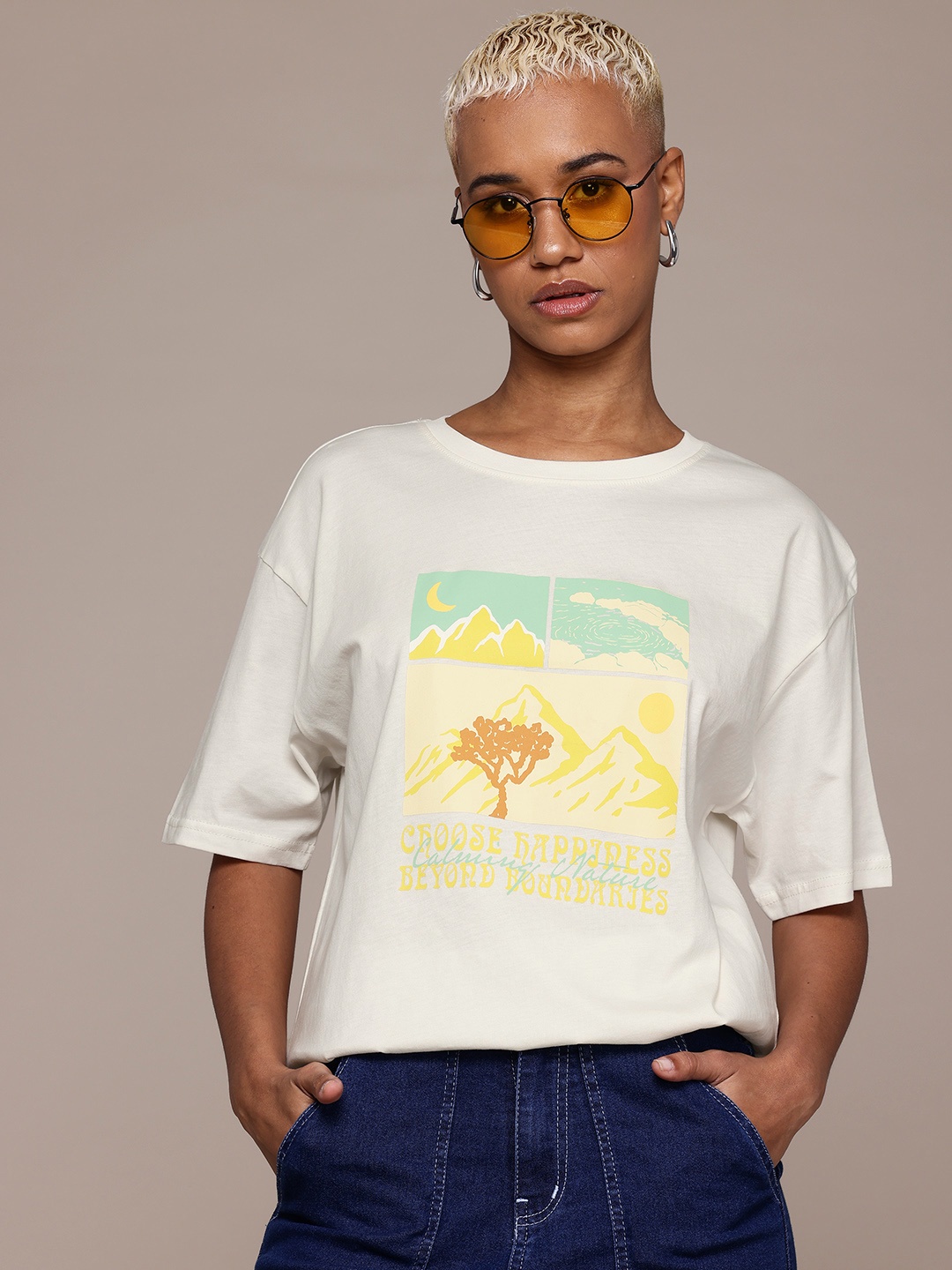

The Roadster Lifestyle Co. Printed Pure Cotton Oversized T-shirt, Off white