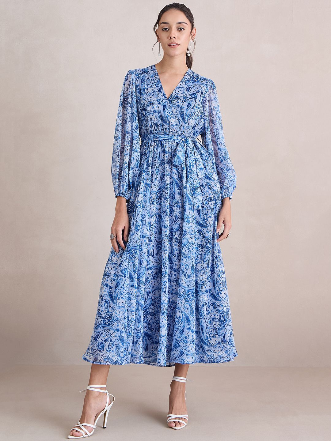 

FEMMELLA Ethnic Motifs Printed Puff Sleeve Maxi Wrap Dress, Blue