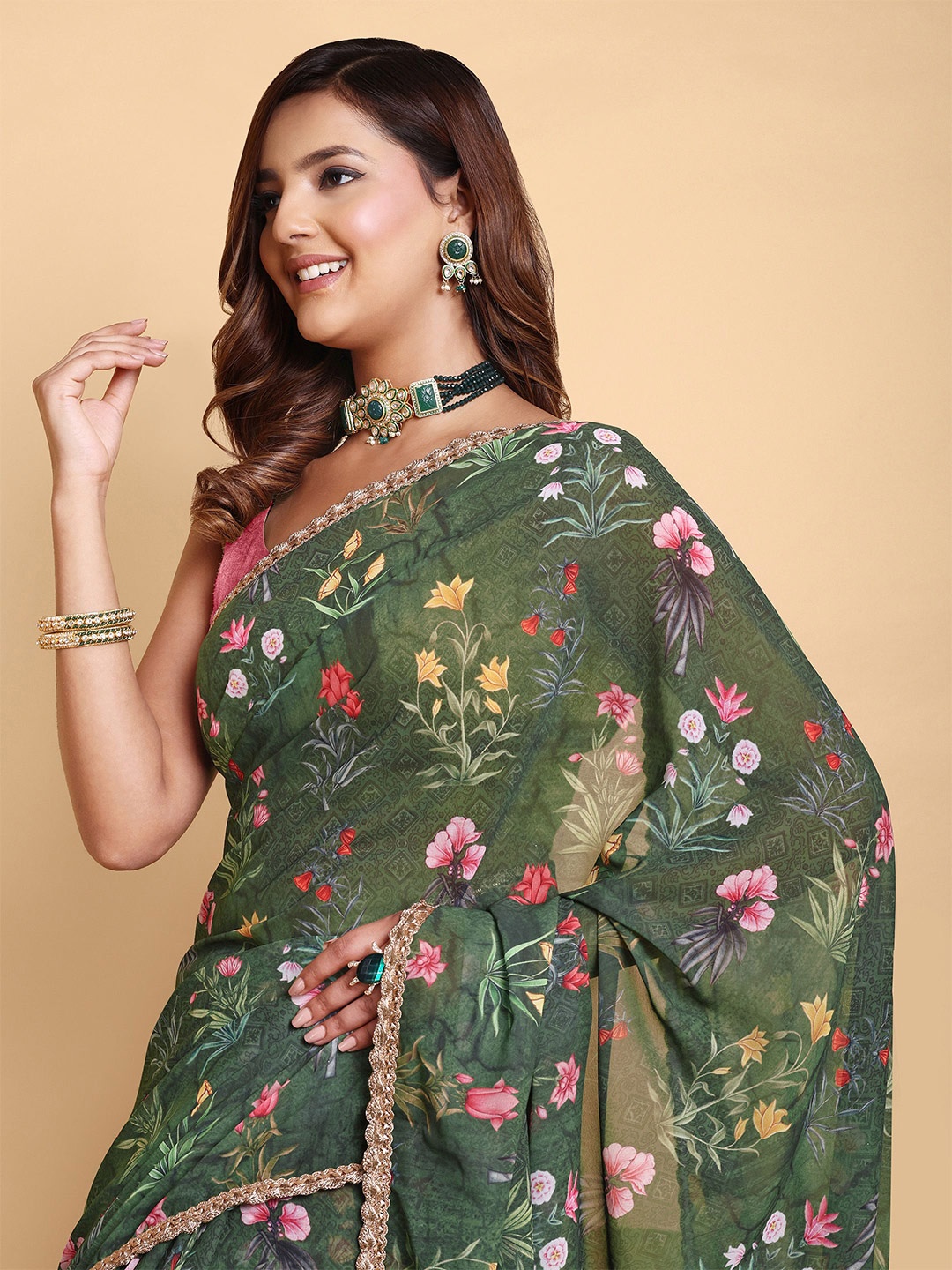 

Sarisp Floral Printed Pure Georgette Saree With Gotta Patti, Green