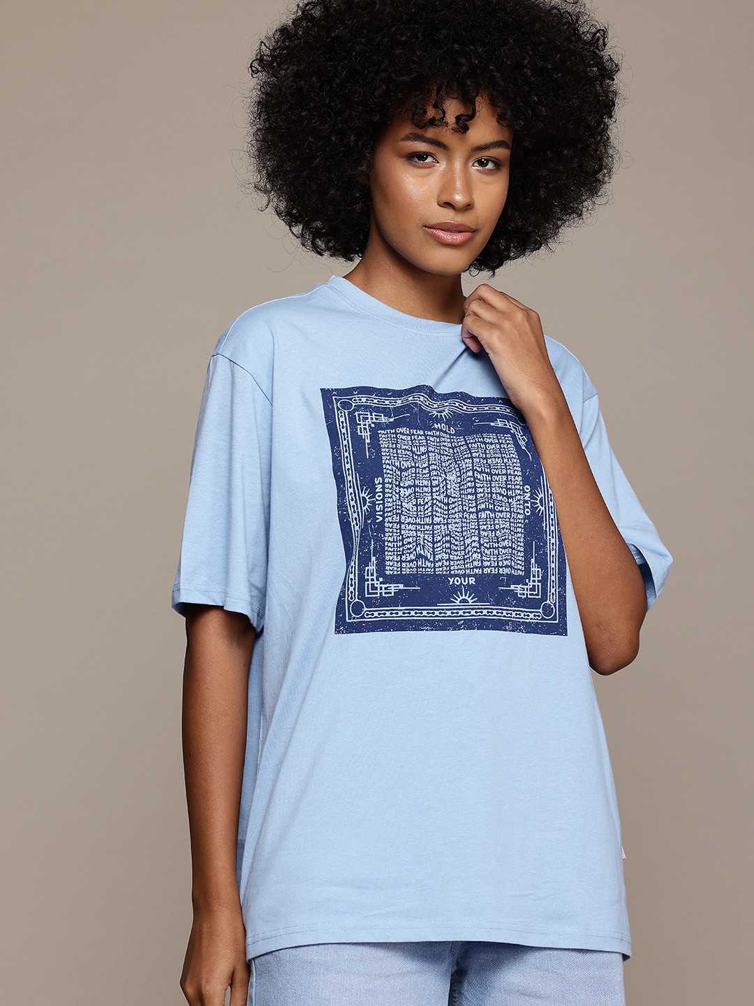 

The Roadster Lifestyle Co. Printed Drop-Shoulder Pure Cotton T-shirt, Blue