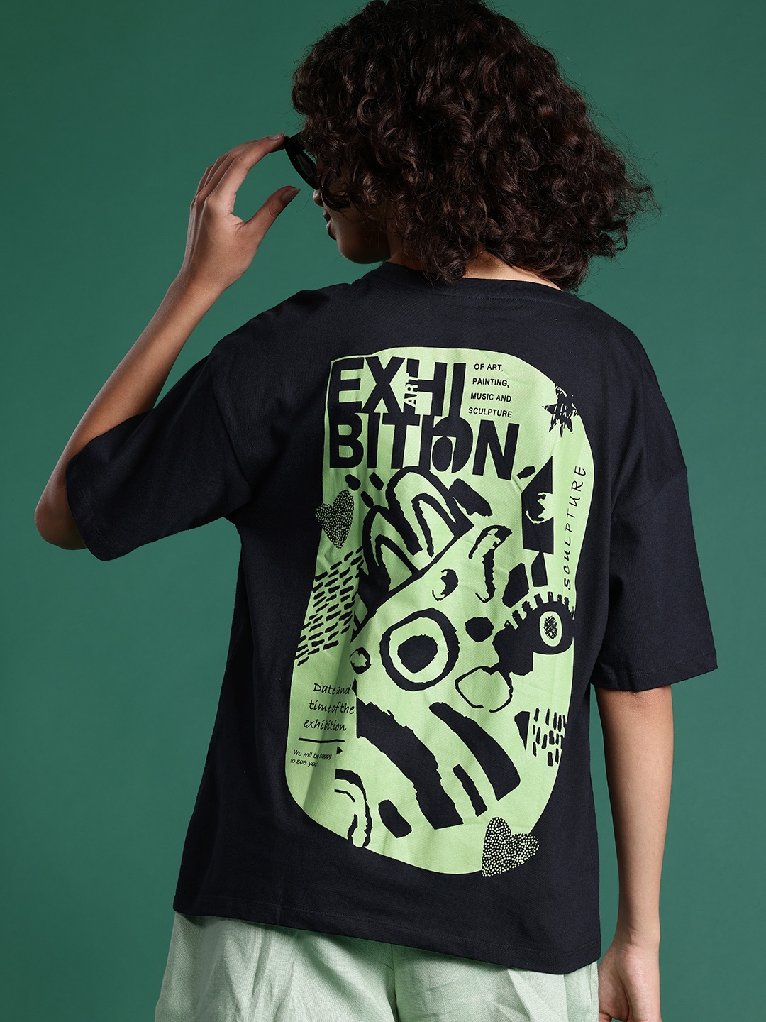 

DressBerry Graphic Printed Drop-Shoulder Sleeve T-shirt, Black