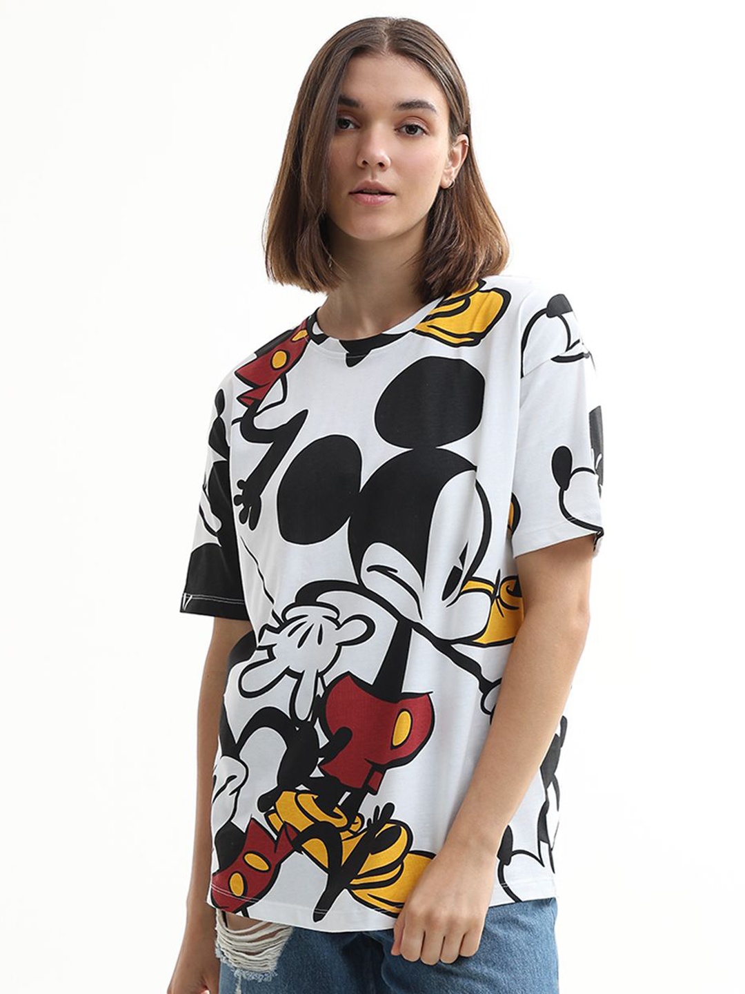 

ONLY Women Graphic Printed Round Neck Cotton Oversized Mickey Mouse T-shirt, White