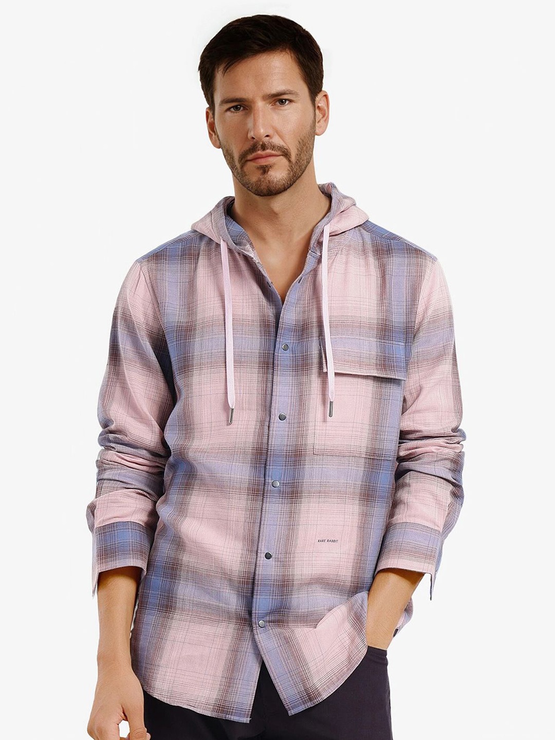 

RARE RABBIT Men Comfort Hood Checked Cotton Oversized Casual Shirt, Grey