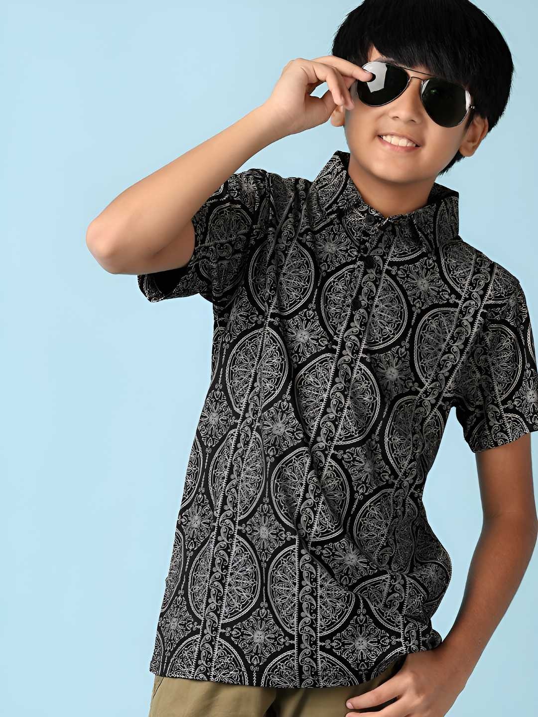 

V-Mart Boys Abstract Printed Polo Collar Cotton T-shirt, Black