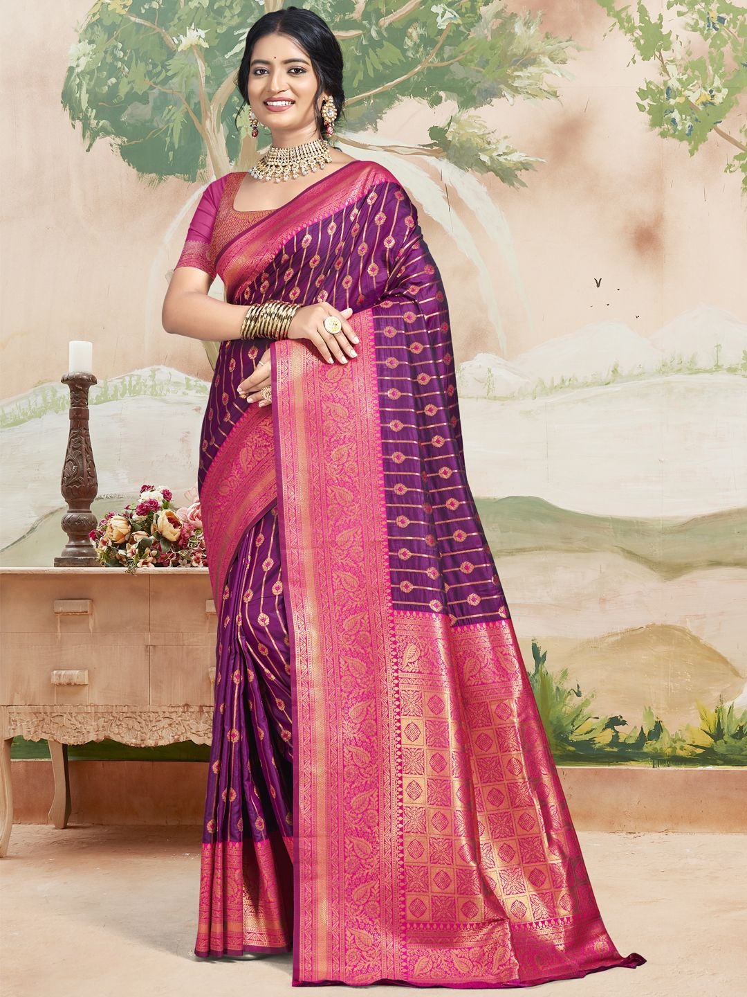 

Ishin Woven Design Zari Silk Blend Saree, Magenta
