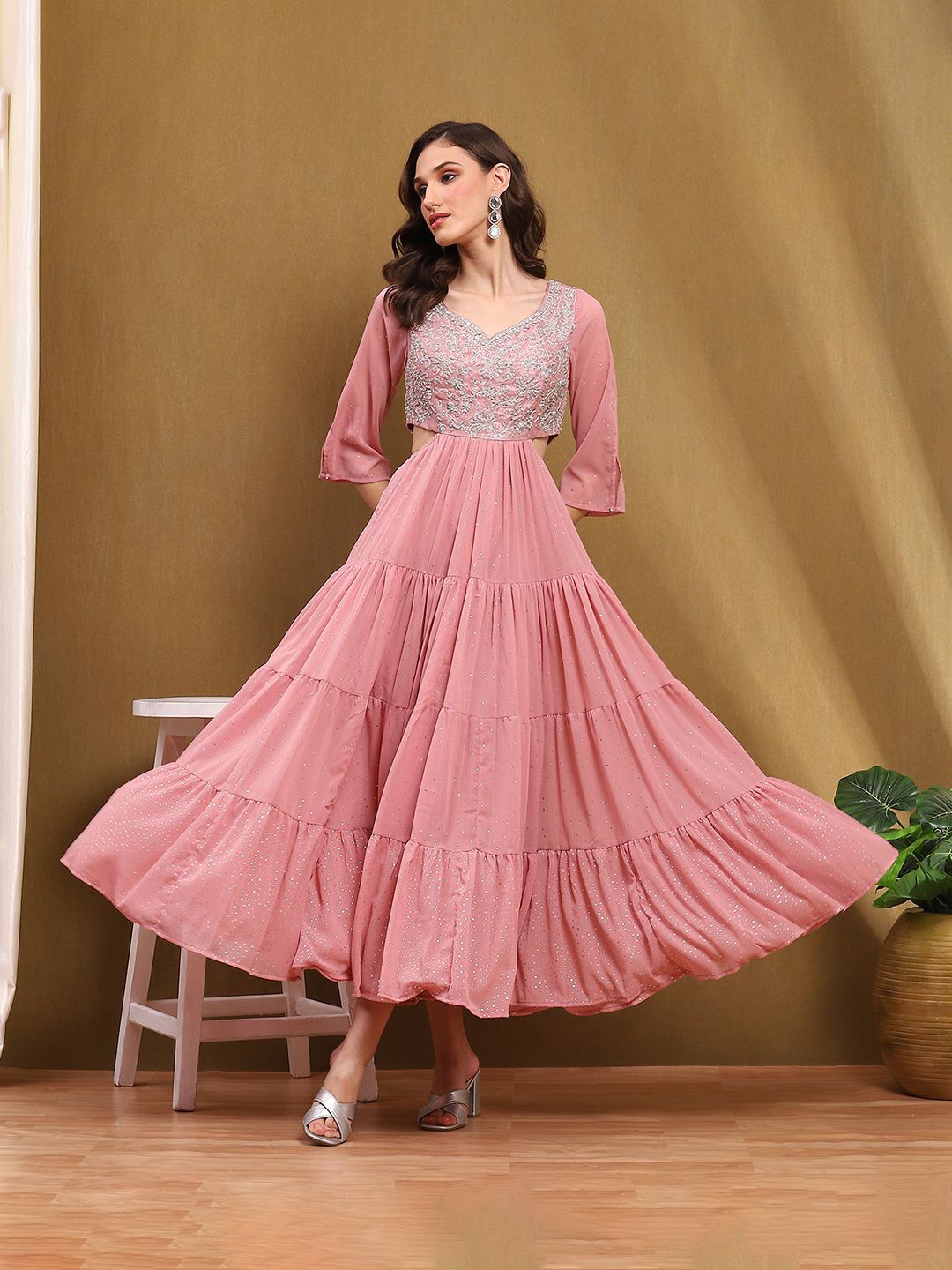 

Biba Women Solid Embroidered Maxi Dress, Pink