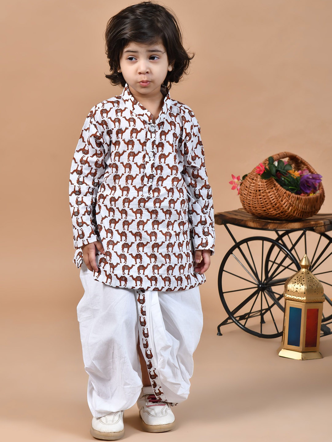 

BAESD Boys Animal Printed Regular Pure Cotton Straight Kurta with Dhoti Pants, Brown