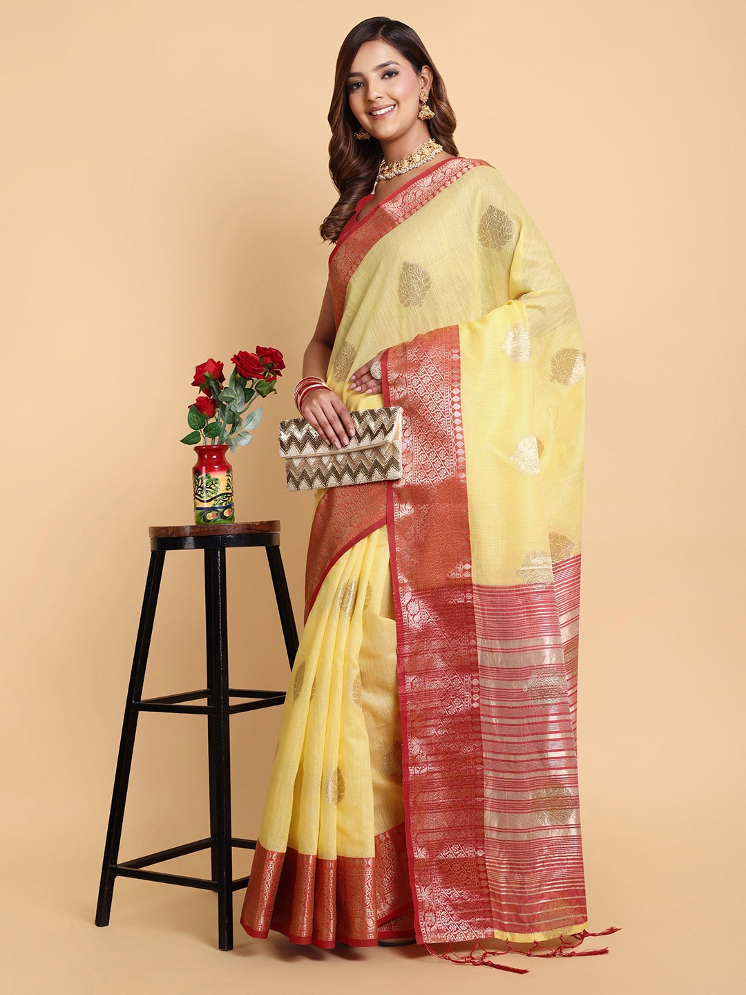 

Sarisp Woven Design Zari Pure Silk Banarasi Saree, Yellow