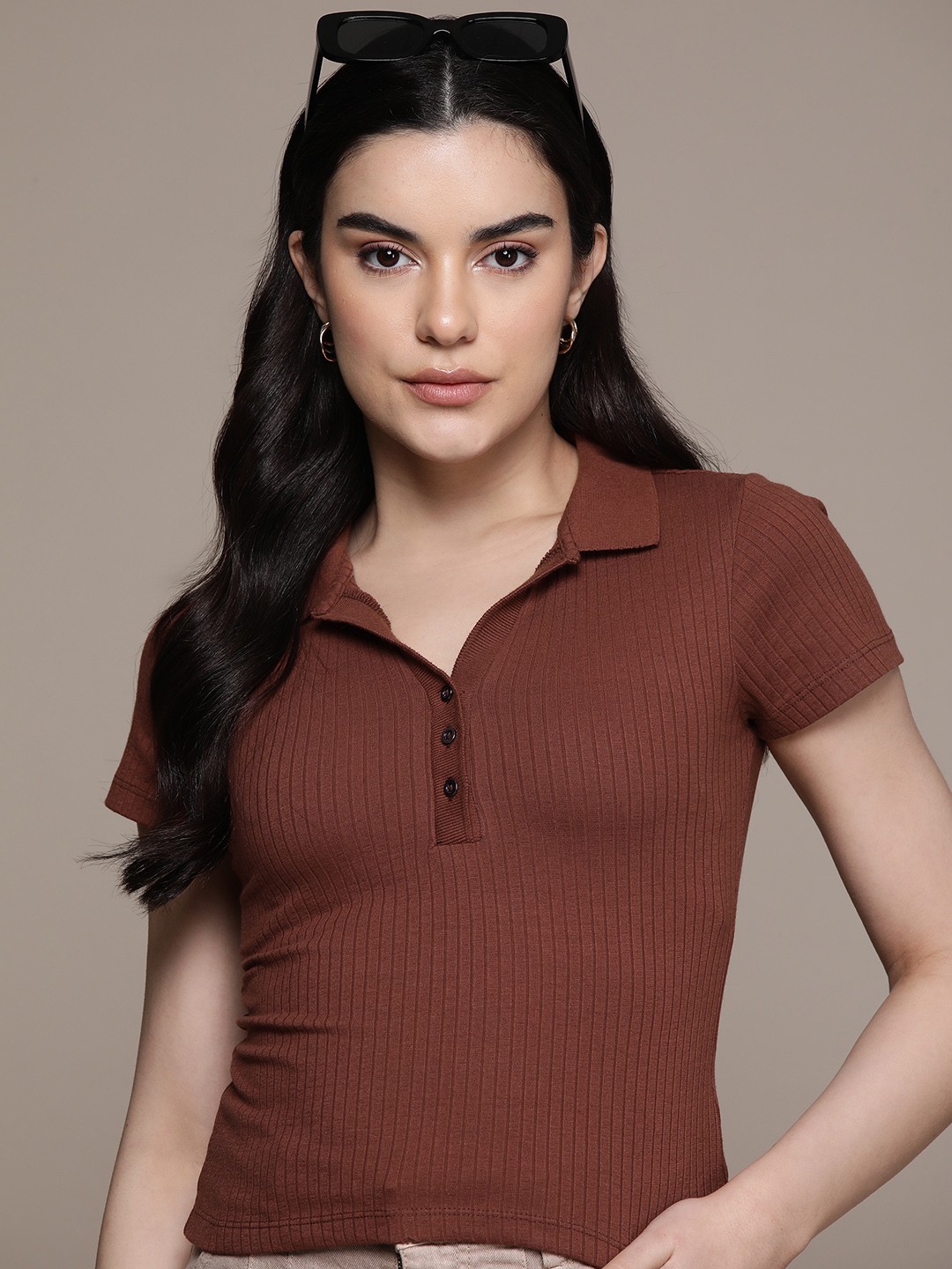 

The Roadster Lifestyle Co. Ribbed Polo Collar T-shirt, Brown