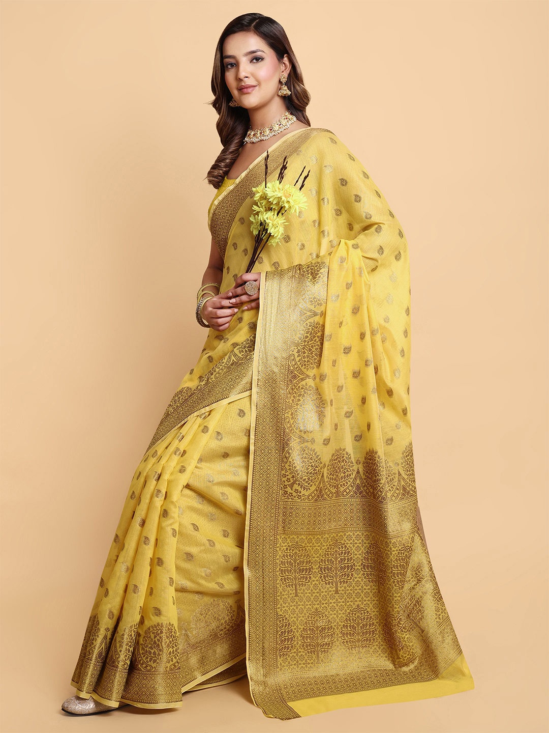 

Sarisp Ethnic Motifs Woven Design Zari Pure Silk Banarasi Designer Saree, Yellow