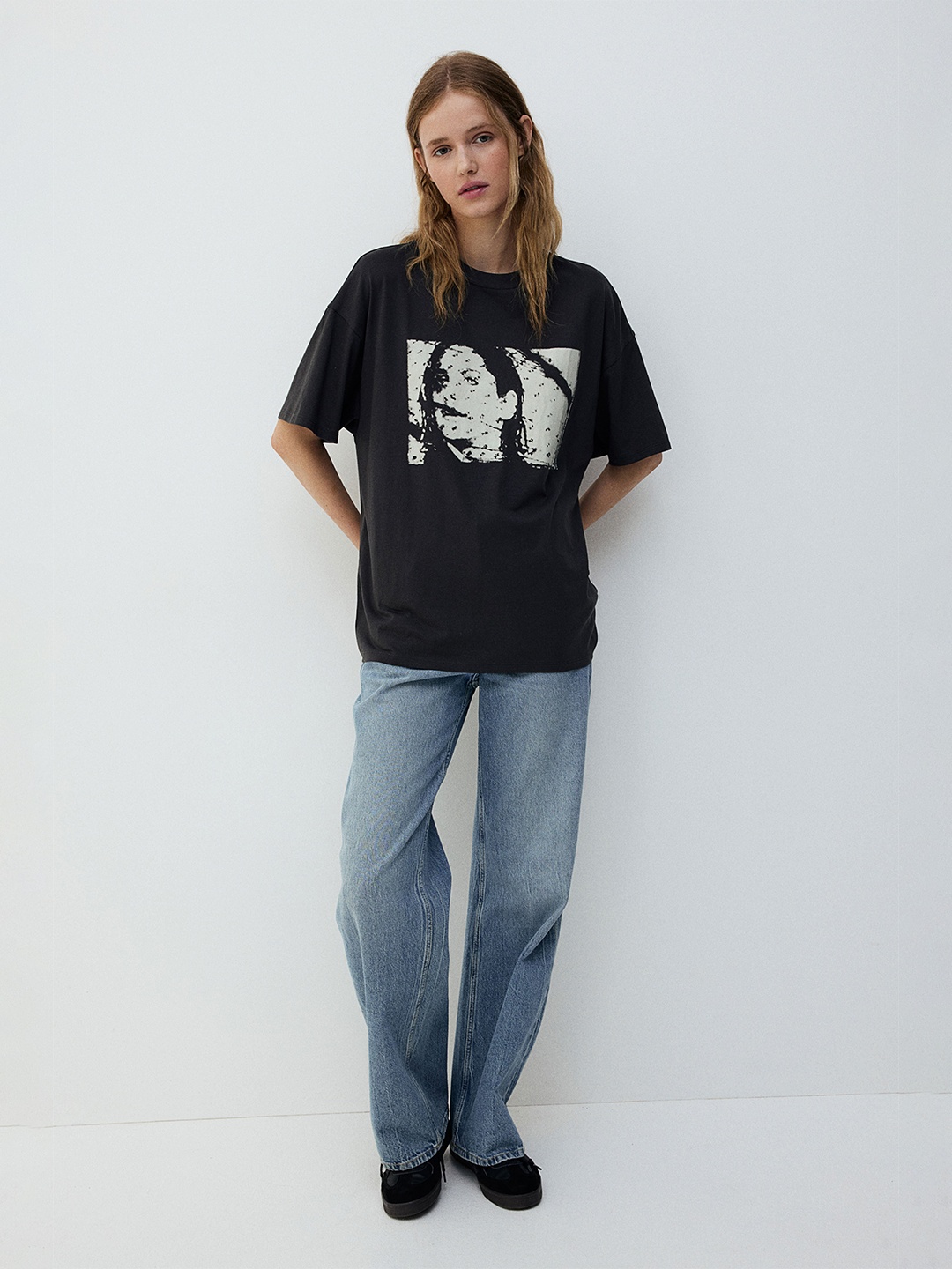 

H&M Oversized Printed Cotton Tshirts, Black