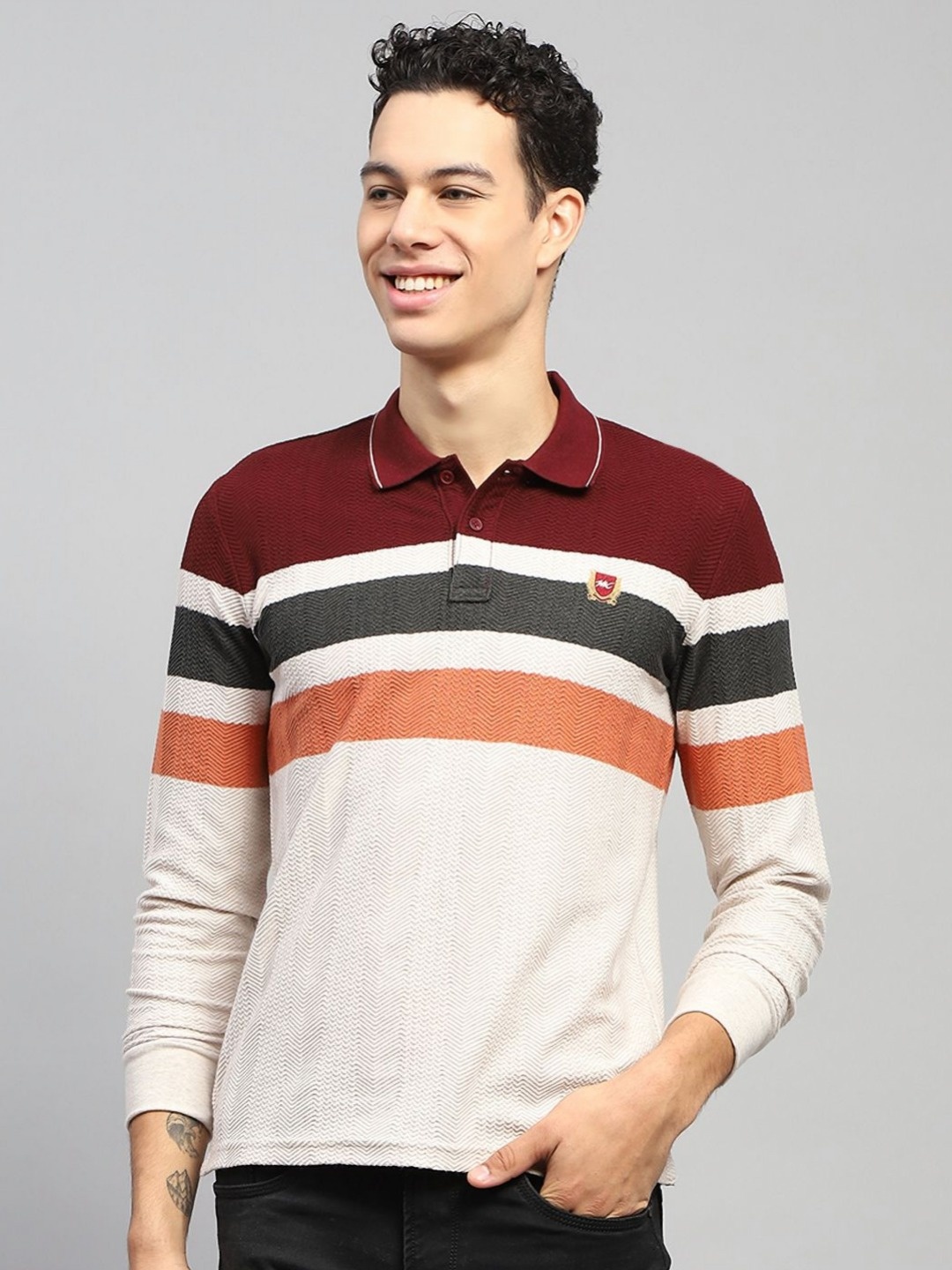 

Monte Carlo Men Striped Polo Collar Cotton T-shirt, Maroon