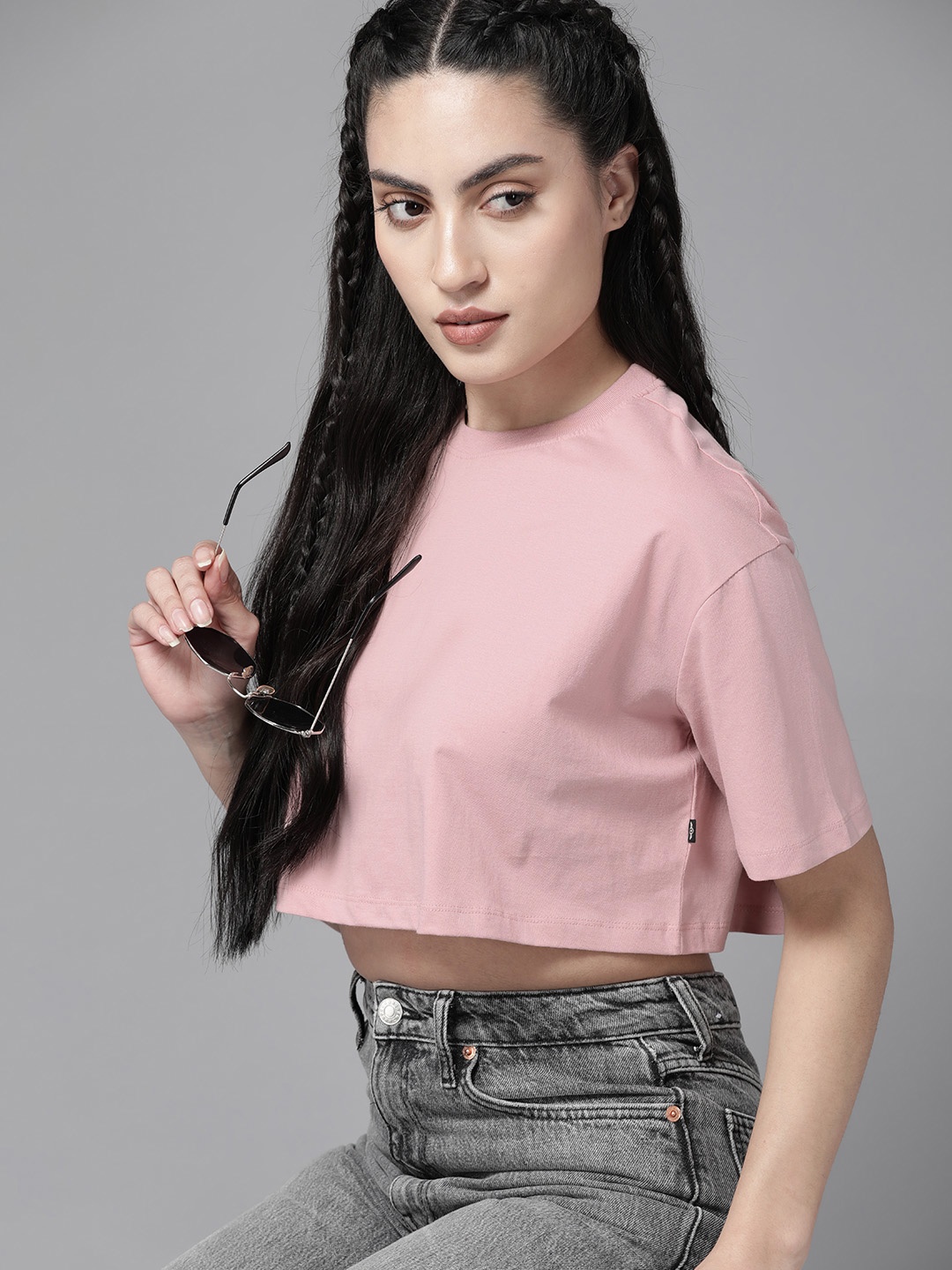 

The Roadster Lifestyle Co. Drop-Shoulder Sleeves Pure Cotton Super Crop Easy Boxy T-shirt, Pink