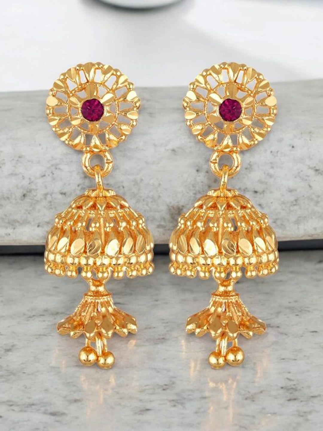

Vighnaharta Gold-Plated Cubic Zirconia Stone Studded Dome Shaped Jhumkas