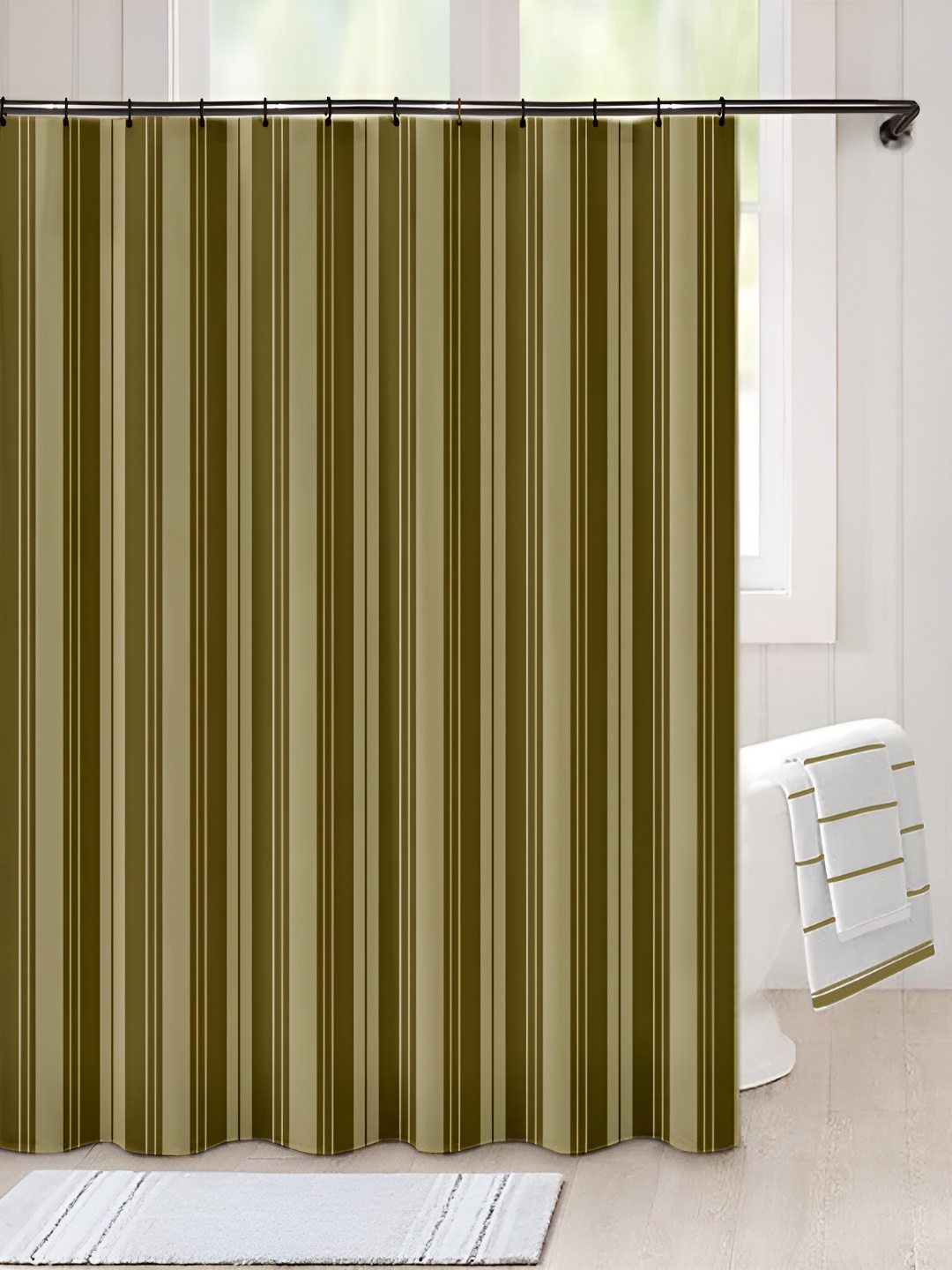 

Lushomes Olive green & Brown Striped Water Proof Shower Curtains