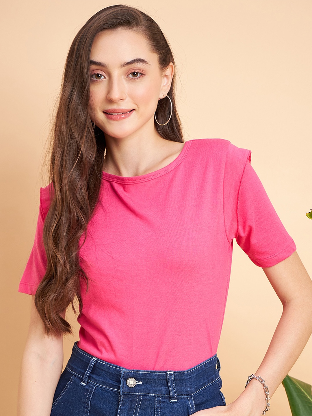 

MINT STREET Round Neck Pure Cotton Casual T-shirt, Fuchsia